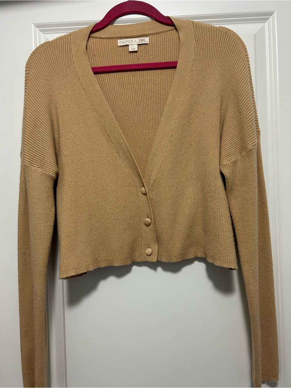 Cropped Ribbed V-Neck Cardigan - Camel